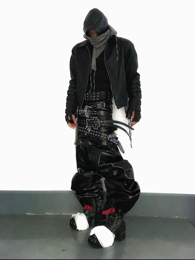 REBEL WAVE 多重 ウエスト サルエル エナメル パンツ 黒