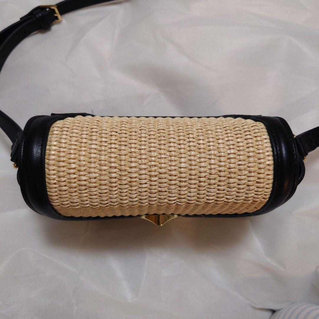 【TOMORROWLAND】かごバッグ ストロー地×リアルレザー 黒 ショルダー