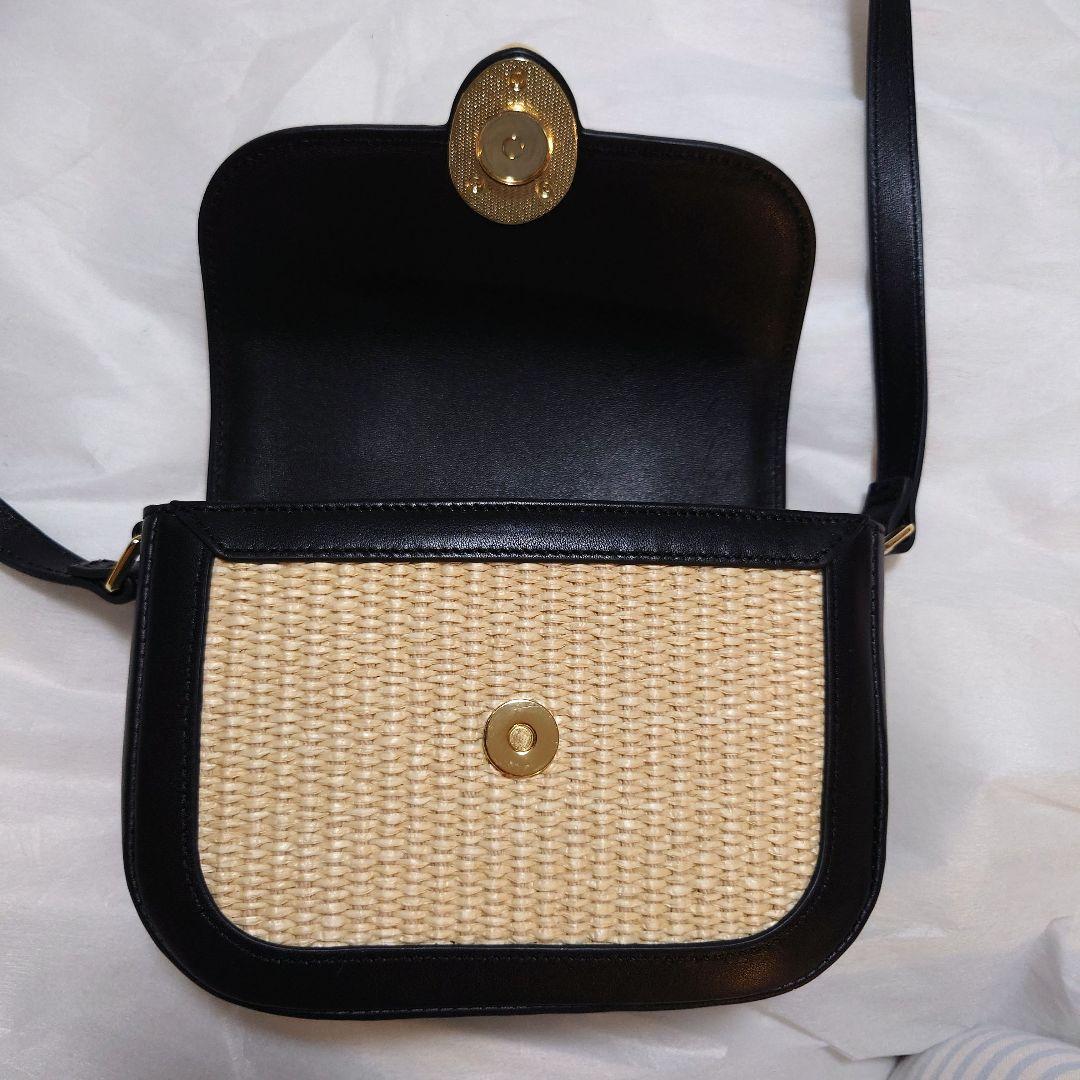 【TOMORROWLAND】かごバッグ ストロー地×リアルレザー 黒 ショルダー