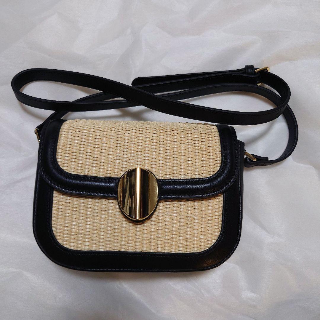 【TOMORROWLAND】かごバッグ ストロー地×リアルレザー 黒 ショルダー
