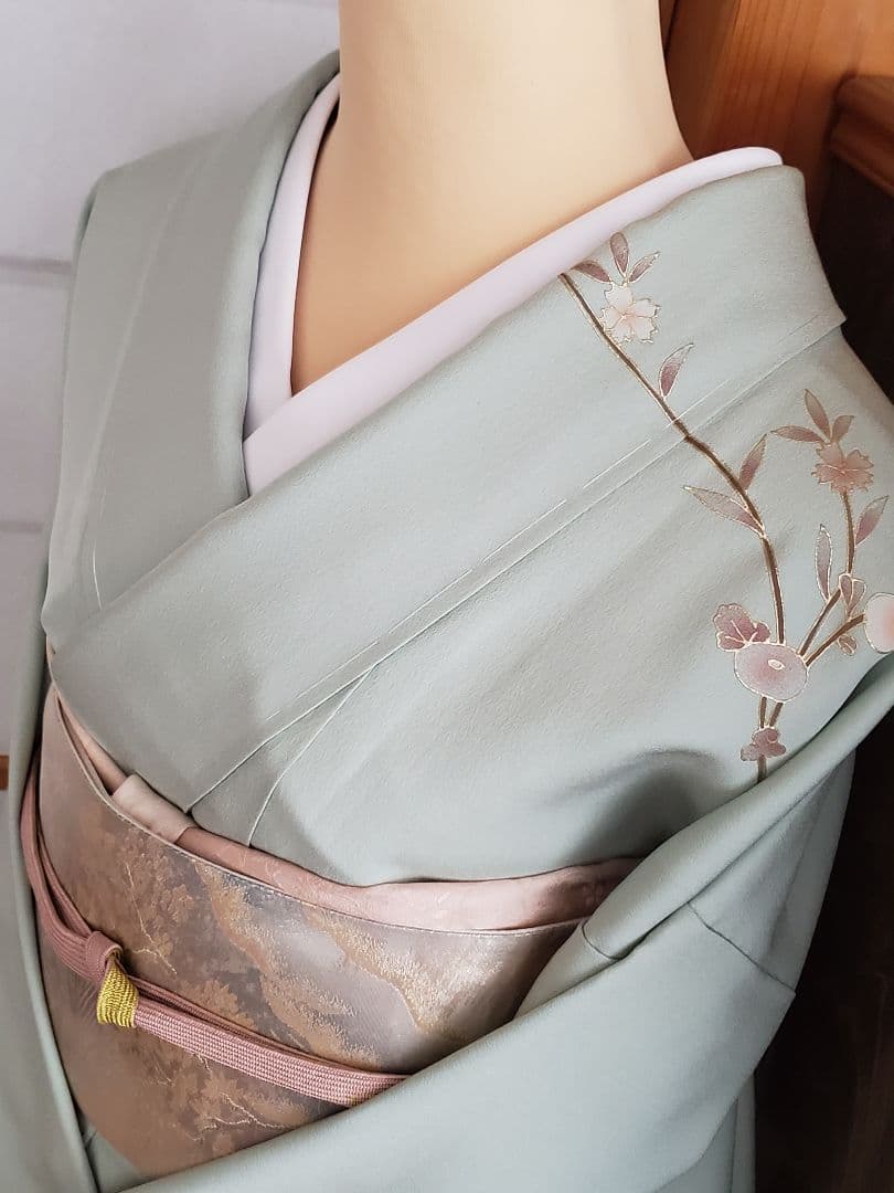 【着物・帯セット＊】水色の訪問着　スワトウ刺繍　盛り金　白金色の袋帯