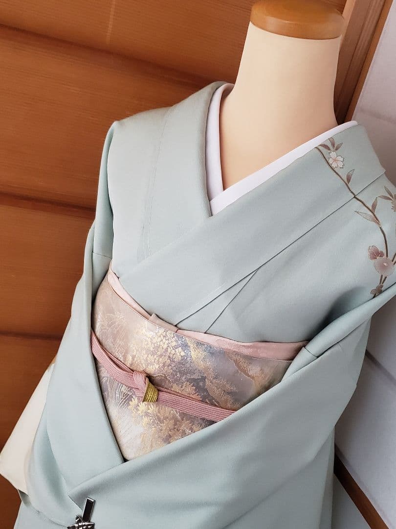 【着物・帯セット＊】水色の訪問着　スワトウ刺繍　盛り金　白金色の袋帯