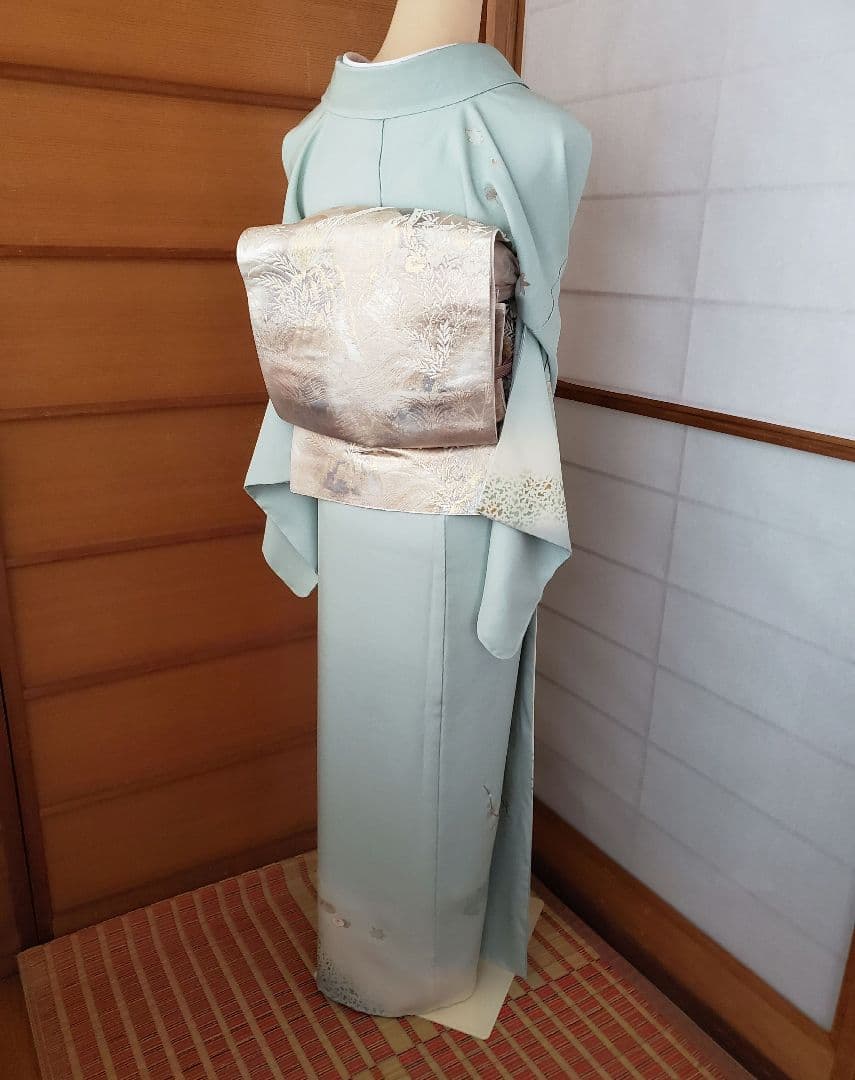 【着物・帯セット＊】水色の訪問着　スワトウ刺繍　盛り金　白金色の袋帯