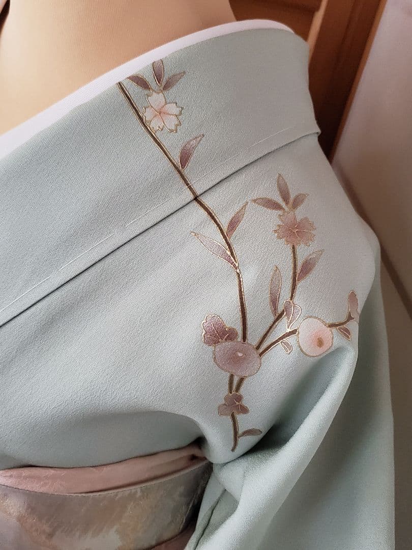 【着物・帯セット＊】水色の訪問着　スワトウ刺繍　盛り金　白金色の袋帯