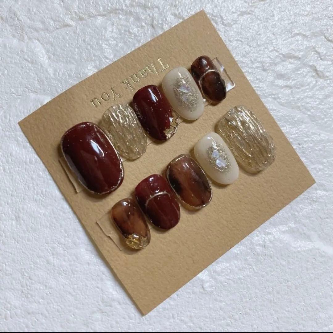 ネイルチップ　No.35 ボルドー　べっ甲　ニュアンス　ミラーネイル