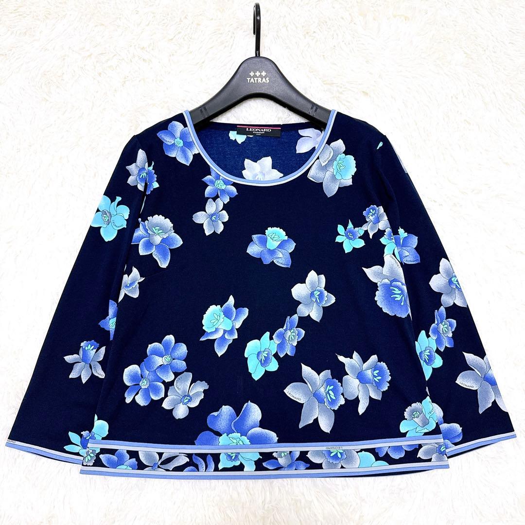 レオナール　カットソー　大きいサイズLL 高級✨カンカン　花柄　トリム　ネイビー