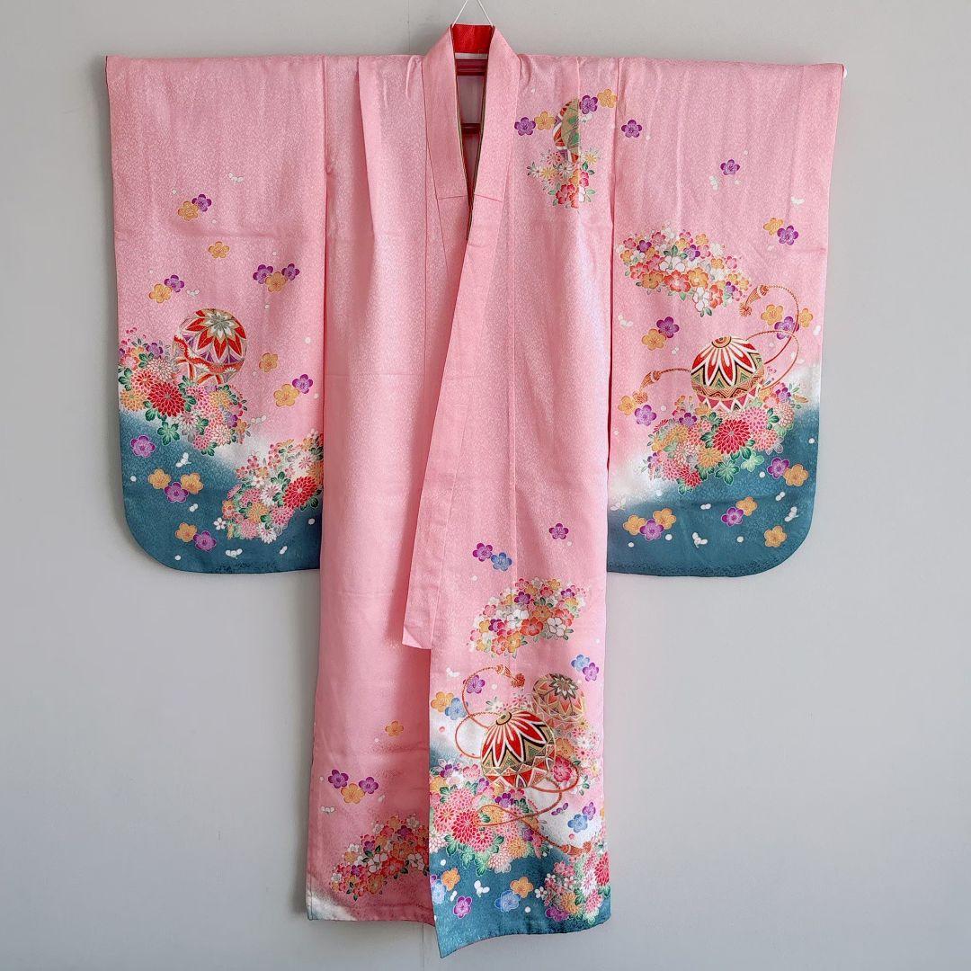 フルセット　七五三７歳女の子　化繊　ピンク地　毬花　袋帯銀　簡単半襟　7122