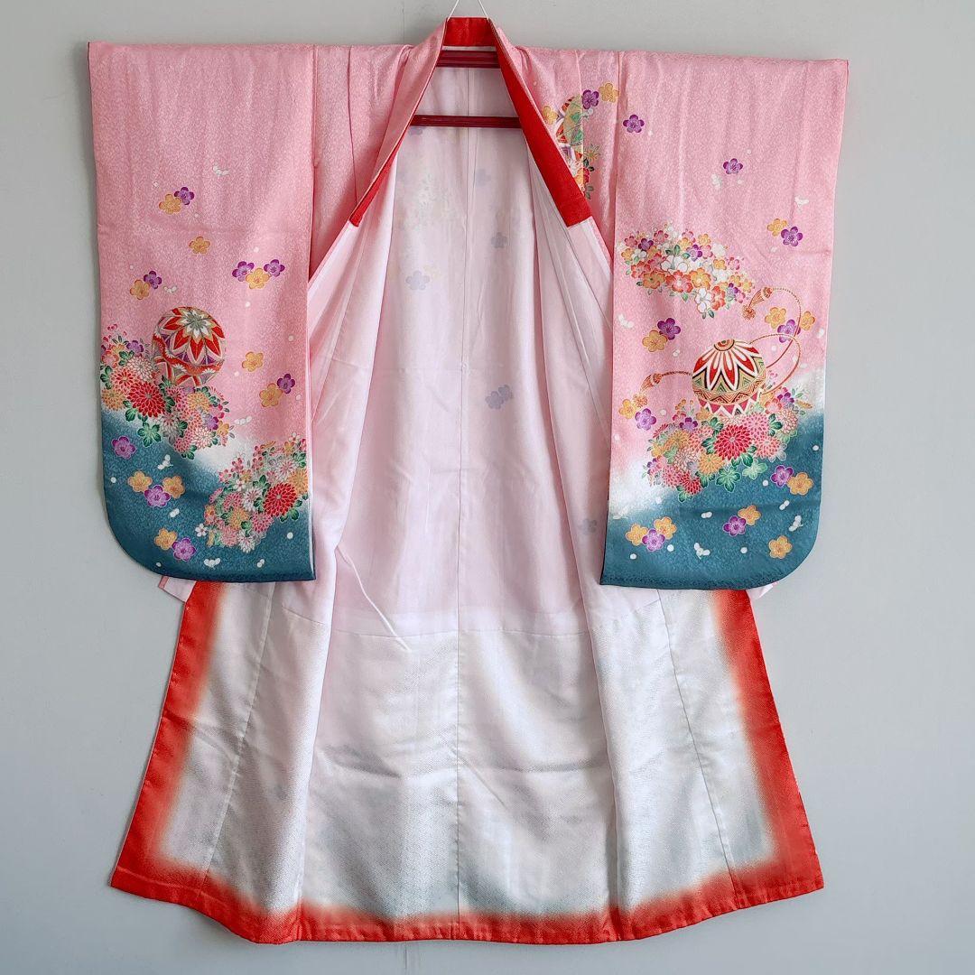 フルセット　七五三７歳女の子　化繊　ピンク地　毬花　袋帯銀　簡単半襟　7122