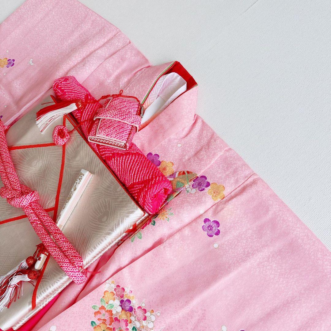 フルセット　七五三７歳女の子　化繊　ピンク地　毬花　袋帯銀　簡単半襟　7122