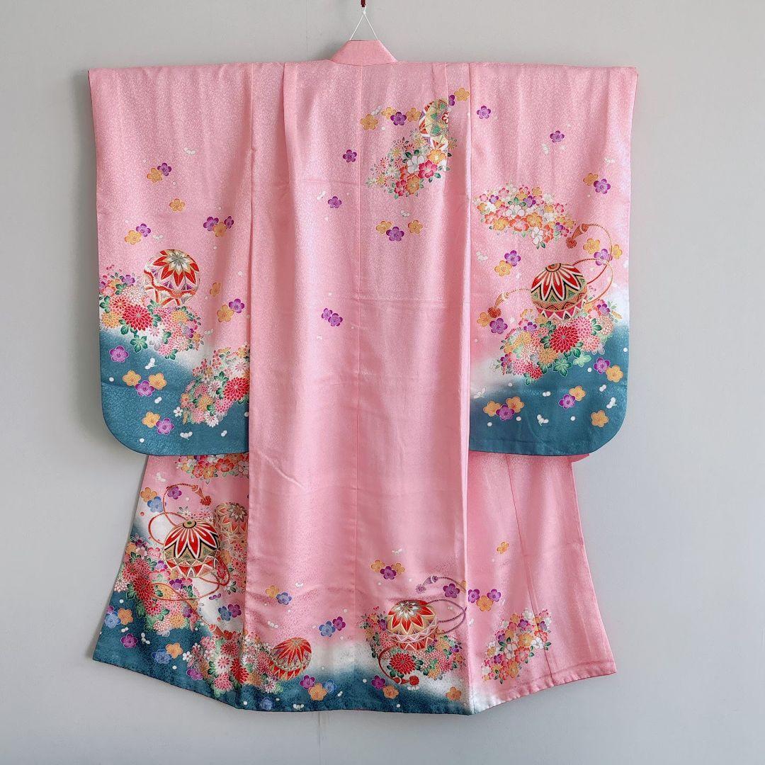 フルセット　七五三７歳女の子　化繊　ピンク地　毬花　袋帯銀　簡単半襟　7122