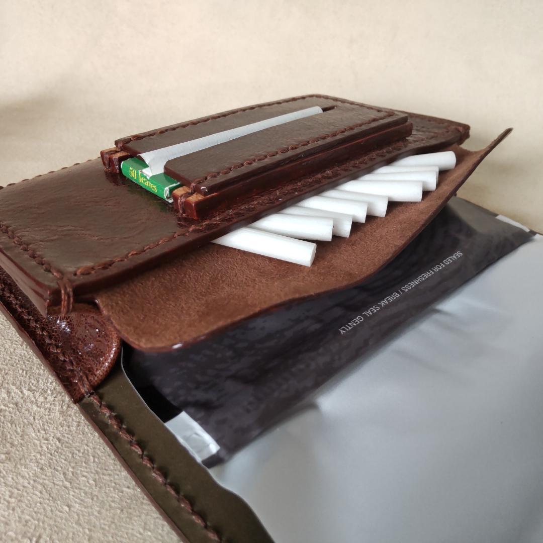 手巻きたばこ 三つ折りシャグポーチ（茶色）高級姫路レザー使用 一点物S-57HC