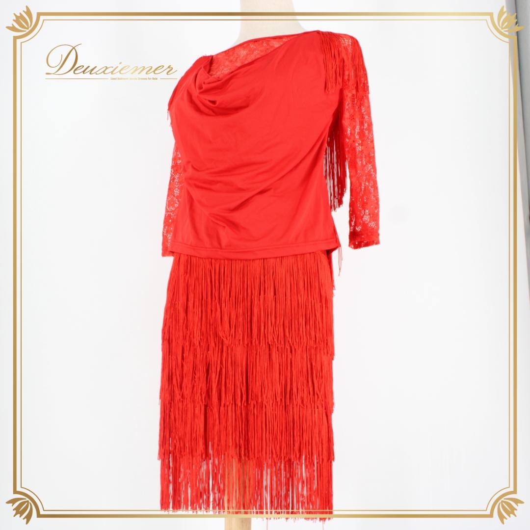 【美品 社交ダンス衣装】上下セット ラテン Lサイズ 赤 レッド レース 派手