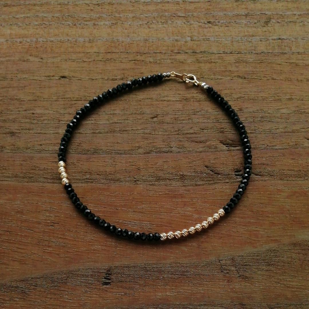 ブラックスピネル＆K18　グリッタービーズ　アンクレットA / 18金