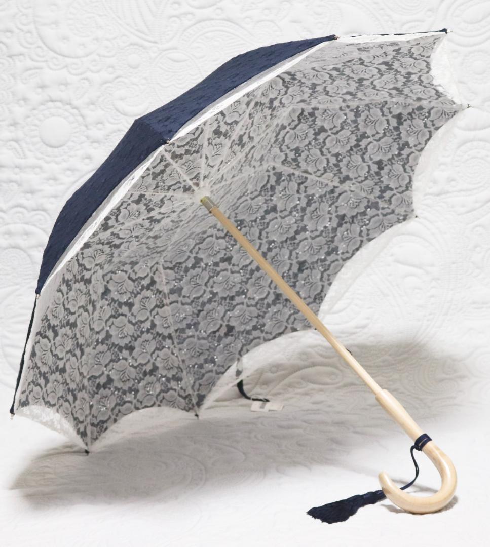 新品タグ付き【前原光栄商店】長傘 総刺繍 繊細レースかわず張り 高級日傘 紺