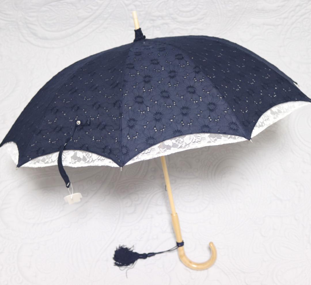 新品タグ付き【前原光栄商店】長傘 総刺繍 繊細レースかわず張り 高級日傘 紺