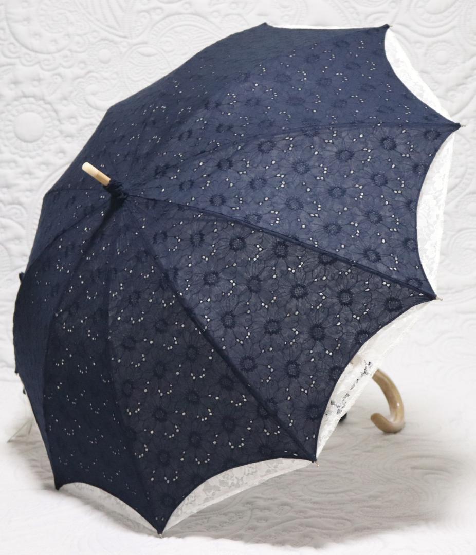 新品タグ付き【前原光栄商店】長傘 総刺繍 繊細レースかわず張り 高級日傘 紺