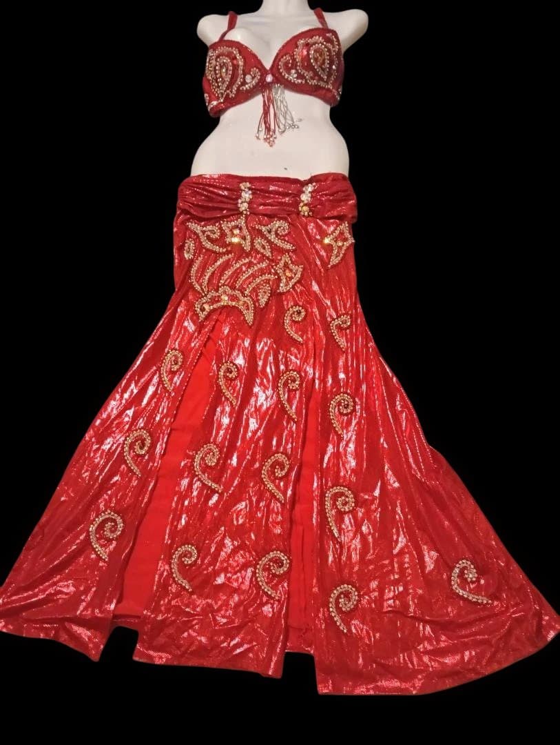 【新品Sale】エジプト製デザイナーズベリーダンス衣装セットメタリック赤