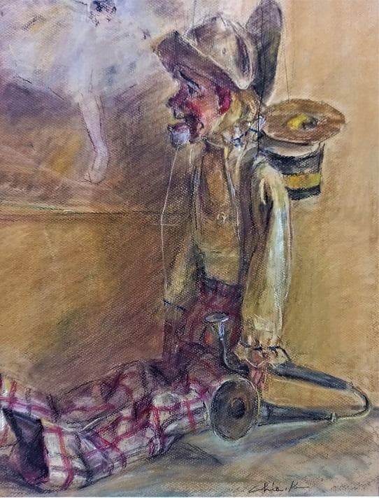 二紀会会員【小林千枝】真筆 2007年制作 パステル画12号『あやつり人形』額装