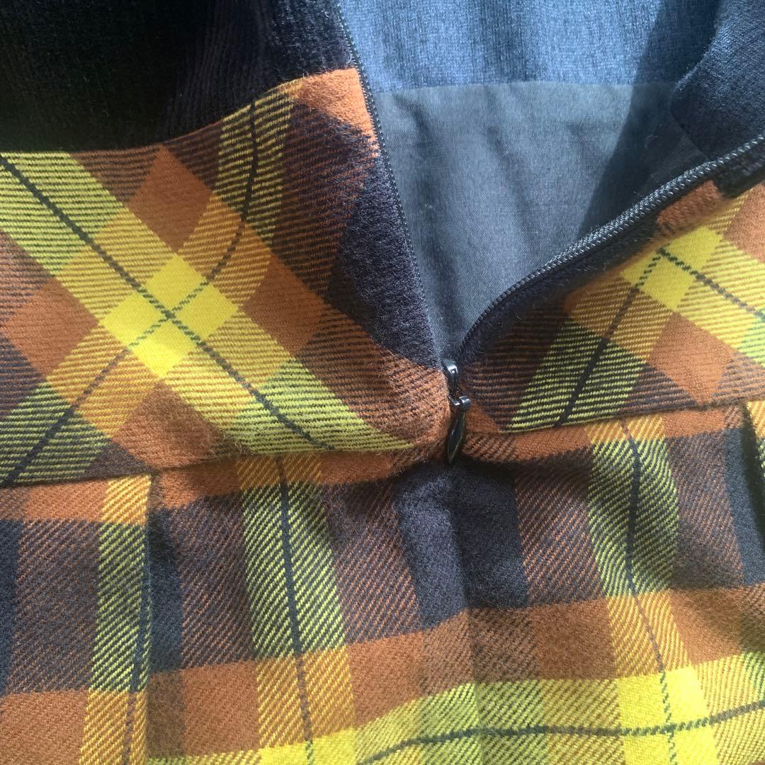 【familiar】 ブラウンベルベット＆チェック柄ワンピース 160cm 美品