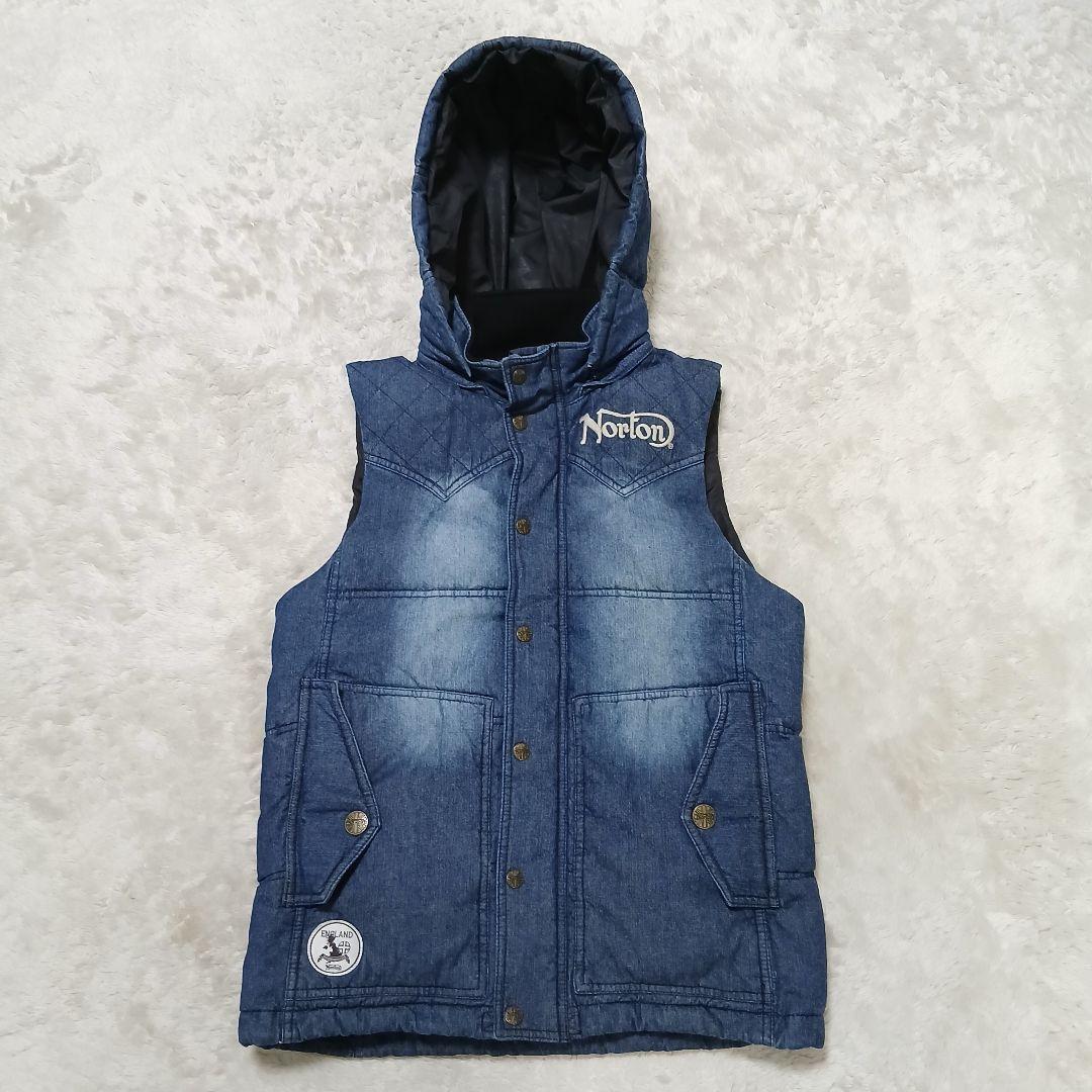 【極美品】Norton フードライナー 中綿デニムベスト 刺繍ロゴ デカロゴ