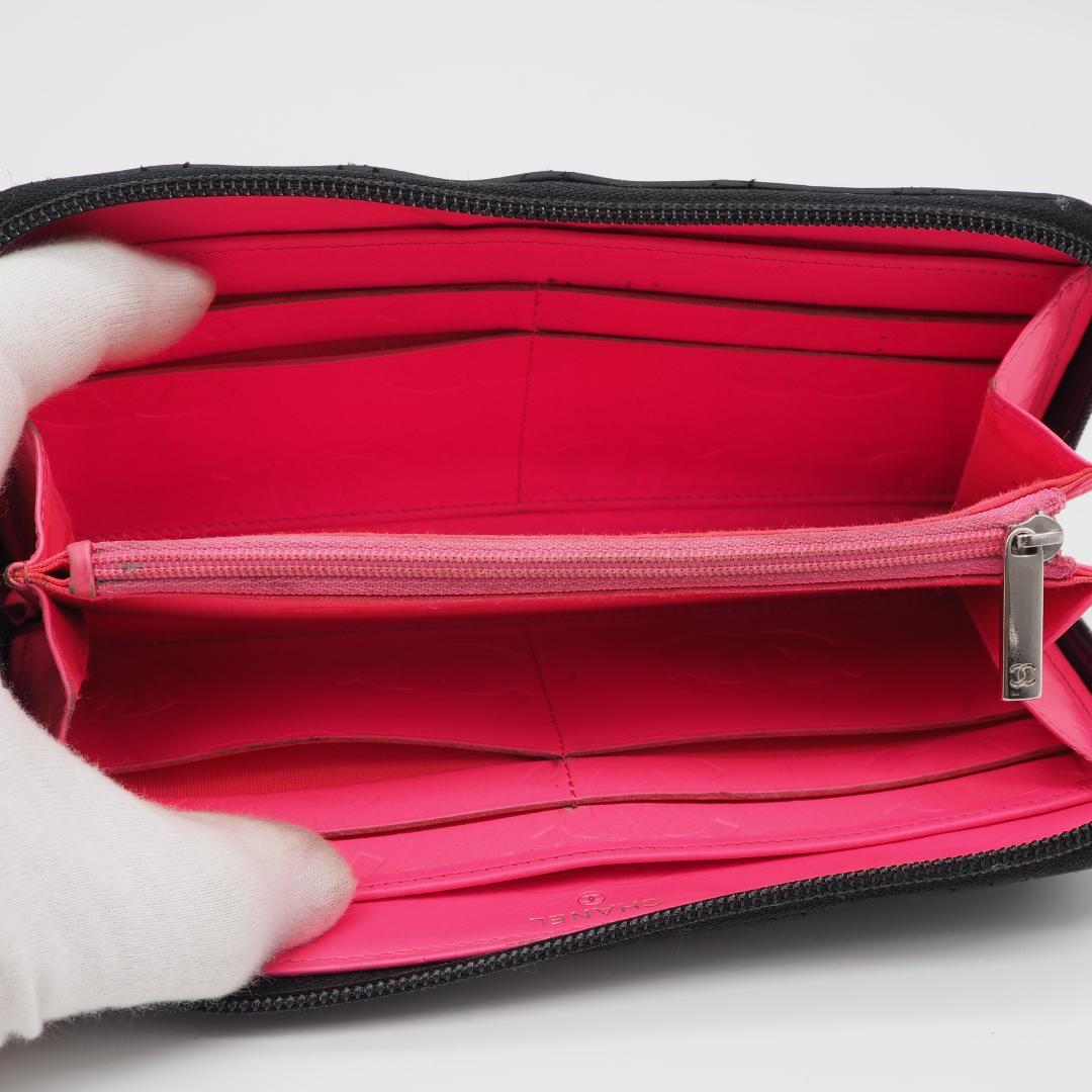 【美品】シャネル カンボンライン ラウンドファスナー 長財布 黒×ピンク