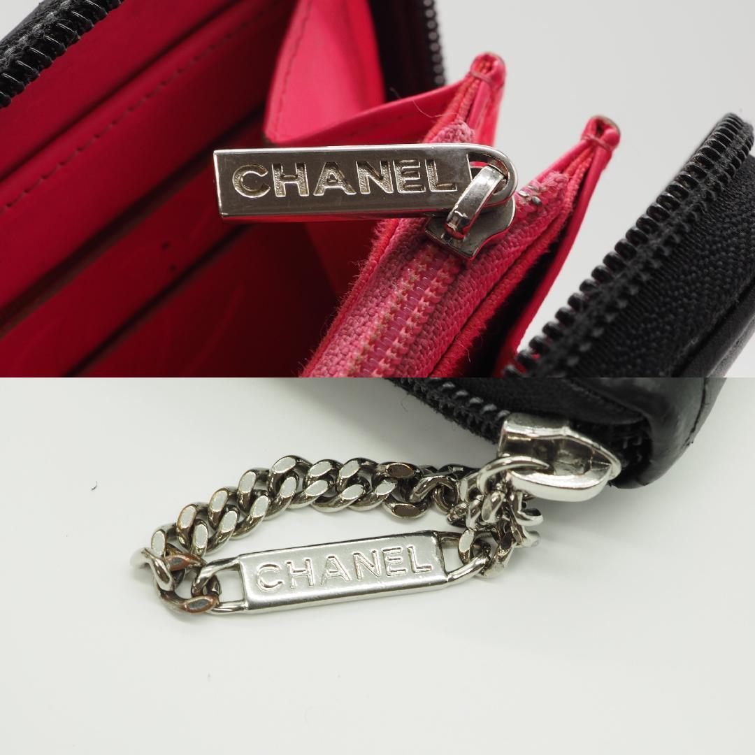 【美品】シャネル カンボンライン ラウンドファスナー 長財布 黒×ピンク
