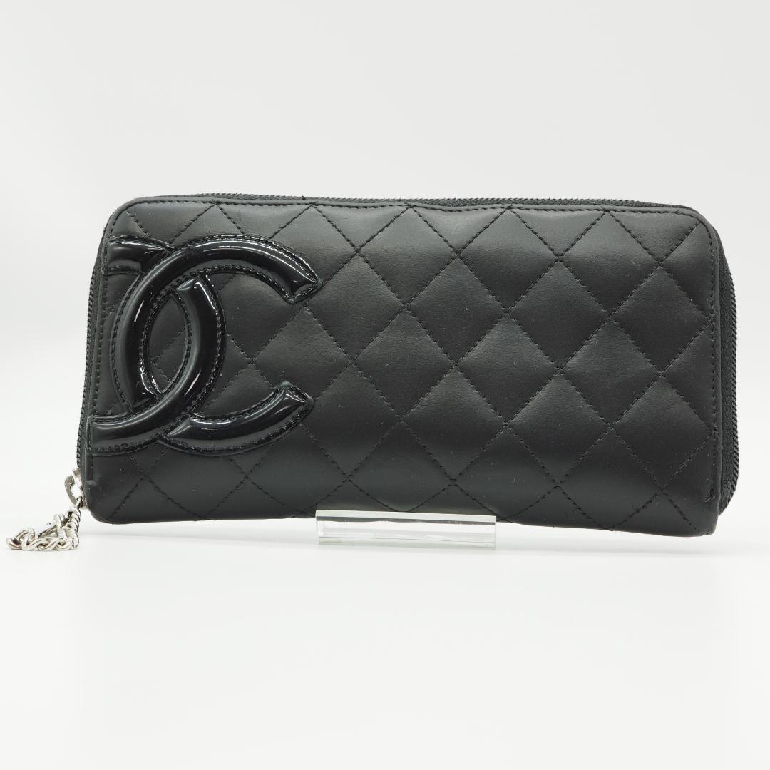 【美品】シャネル カンボンライン ラウンドファスナー 長財布 黒×ピンク