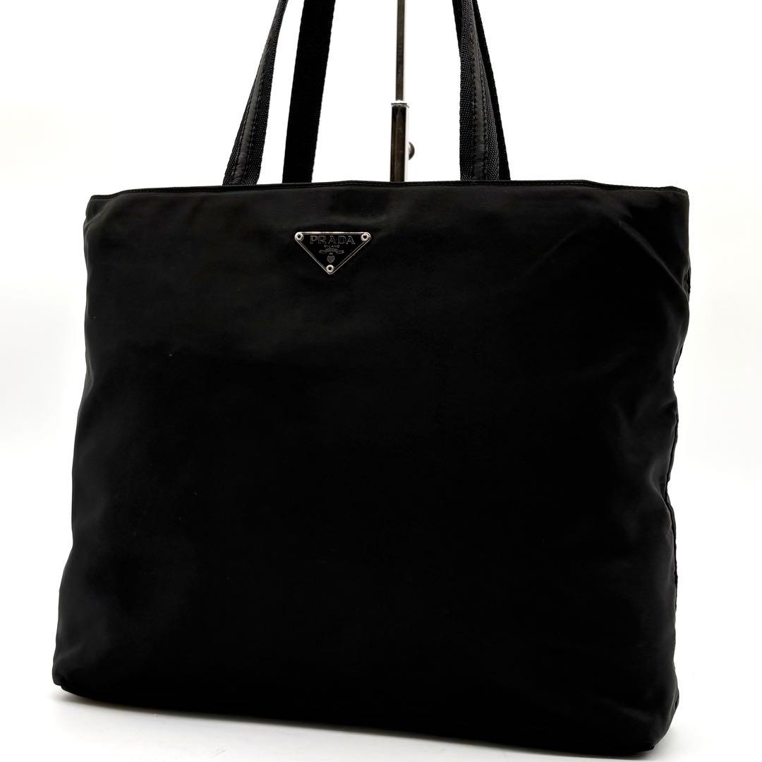 美品✨プラダ トートバッグ ナイロン レザー 三角ロゴ 肩掛け 白タグ ブラック