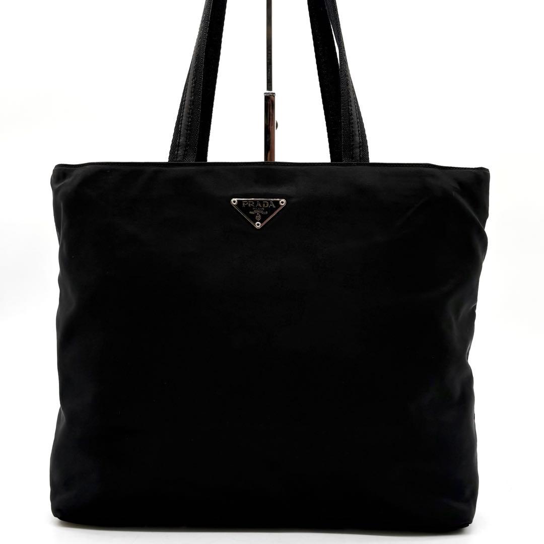 美品✨プラダ トートバッグ ナイロン レザー 三角ロゴ 肩掛け 白タグ ブラック