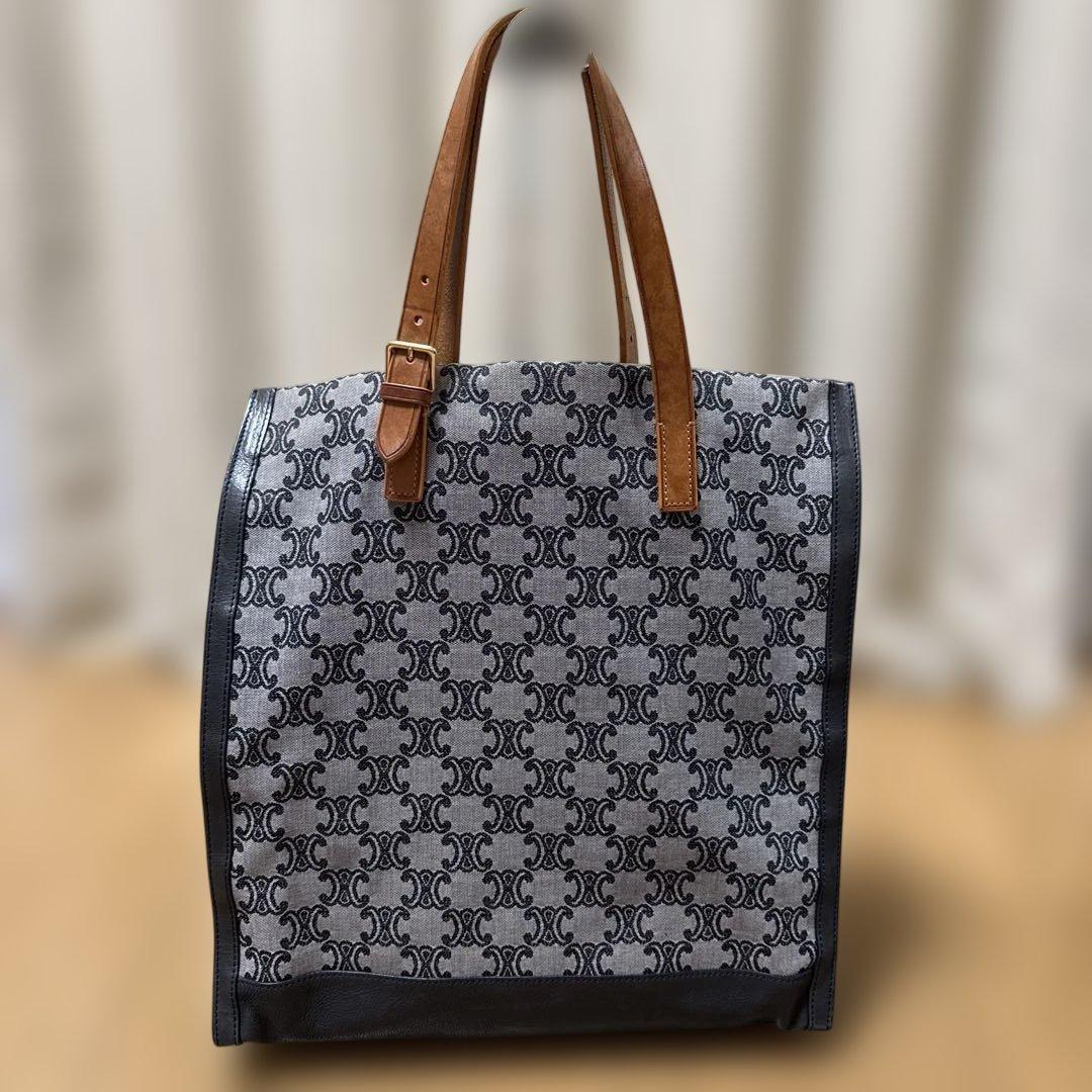 CELINE ロゴ キャンバス トートバック ショルダー付き レザー