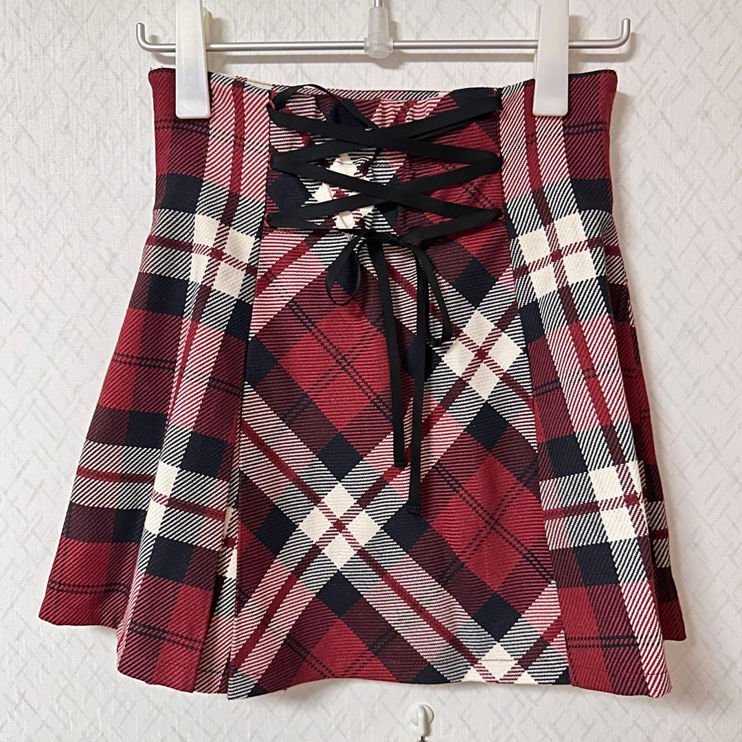 ミシェルマカロン フレアチェックスカート 赤