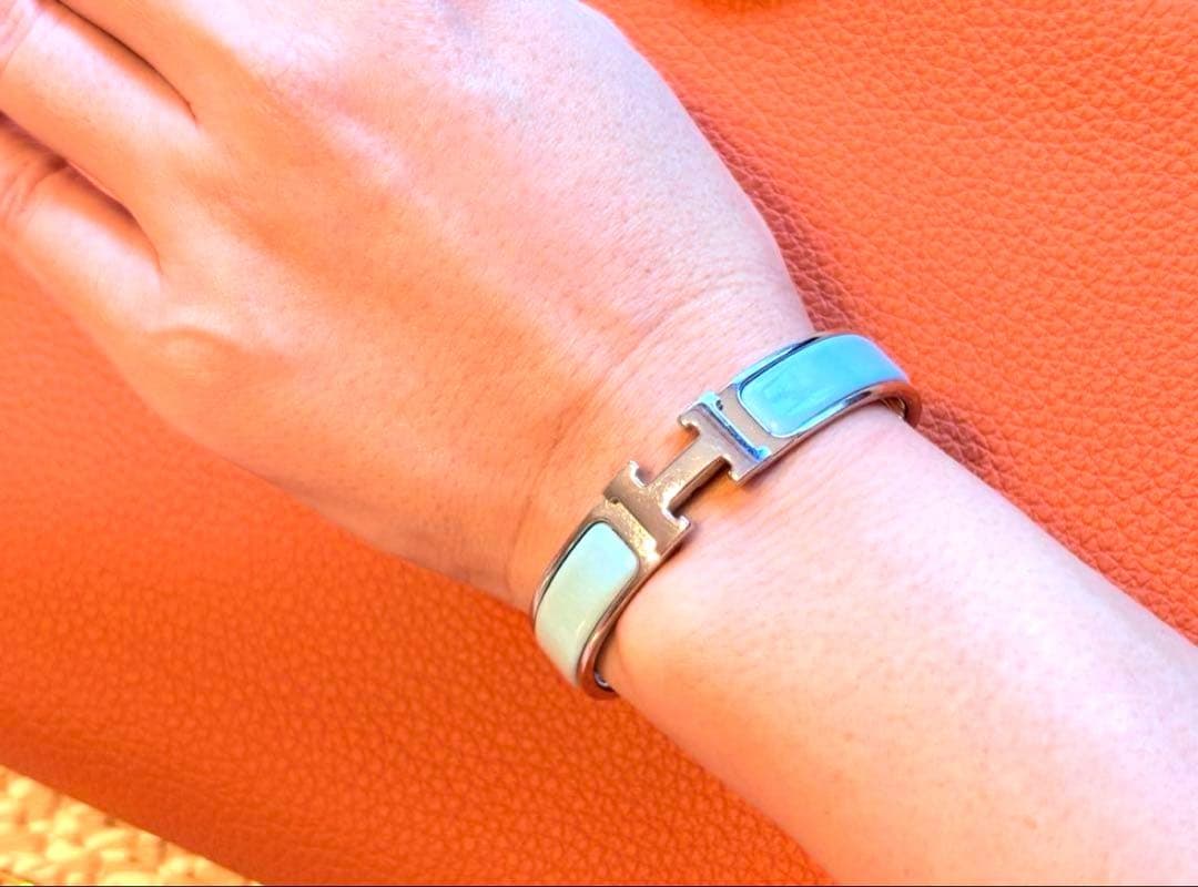 【エルメス】シルバー&水色　バングル H型留め具