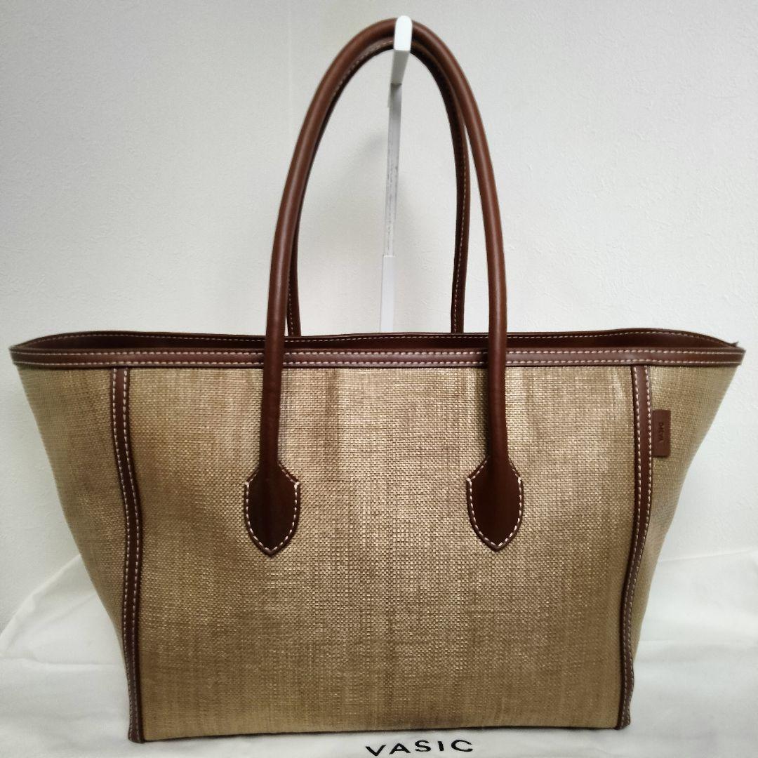 VASIC かごバッグ A4可 大容量 ステッチ ラフィア レザー ブラウン