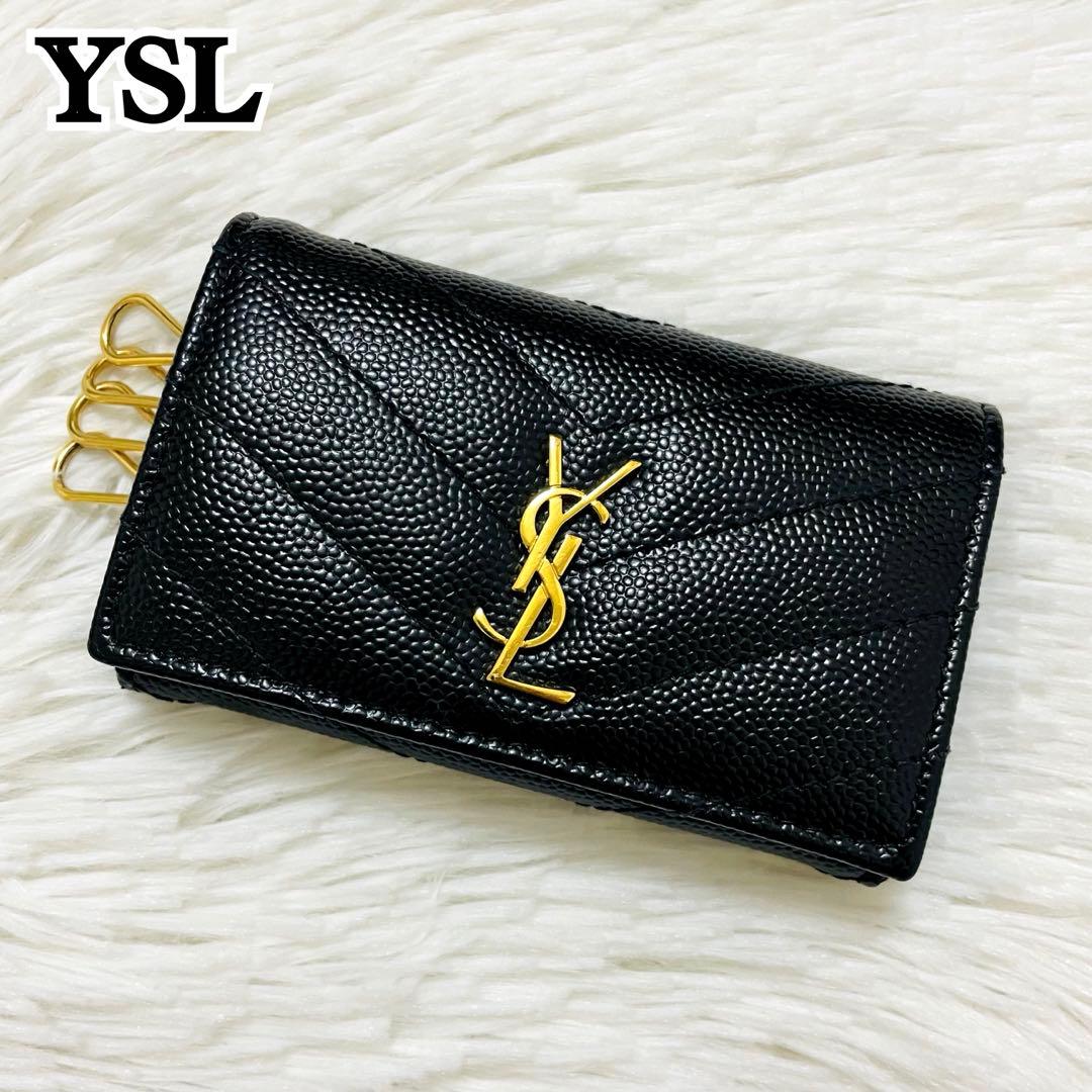 極美✨サンローラン キーケース 4連 キャビアスキン Vステッチ 黒