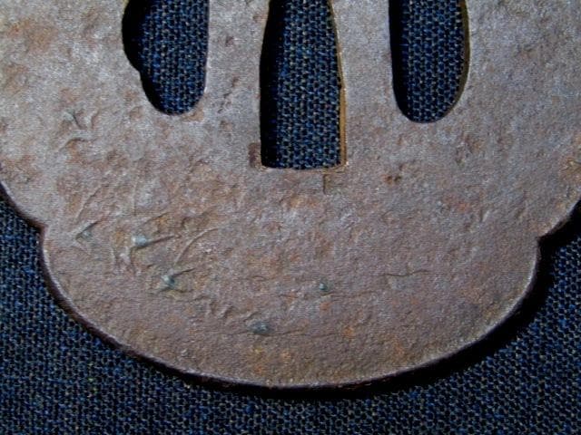 03★武具　刀装具　刀　脇差　鉄鍔　木瓜型　釣り人笠金象嵌　箱付★