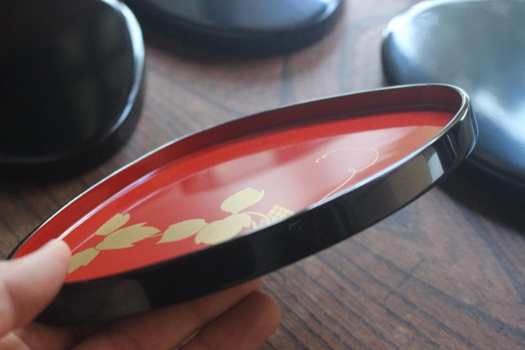 デッドストック！優美な秋草蒔絵の映える蛤形銘々皿5点（検輪島塗蒔絵皿小皿