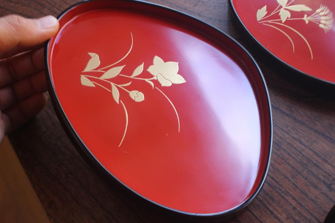 デッドストック！優美な秋草蒔絵の映える蛤形銘々皿5点（検輪島塗蒔絵皿小皿