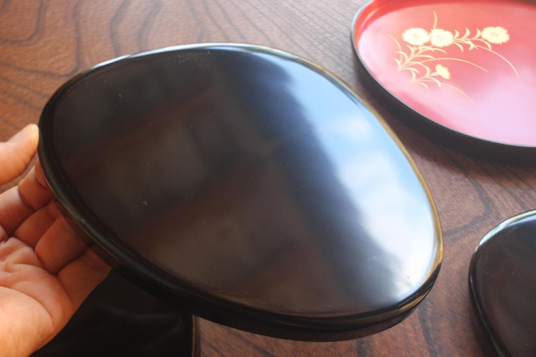 デッドストック！優美な秋草蒔絵の映える蛤形銘々皿5点（検輪島塗蒔絵皿小皿