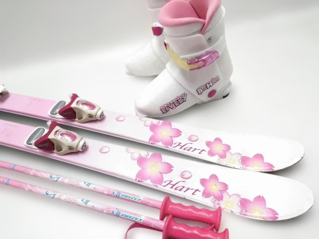 ジュニアスキー4点セット 女の子 ハート118cm ブーツ22cm ピンク