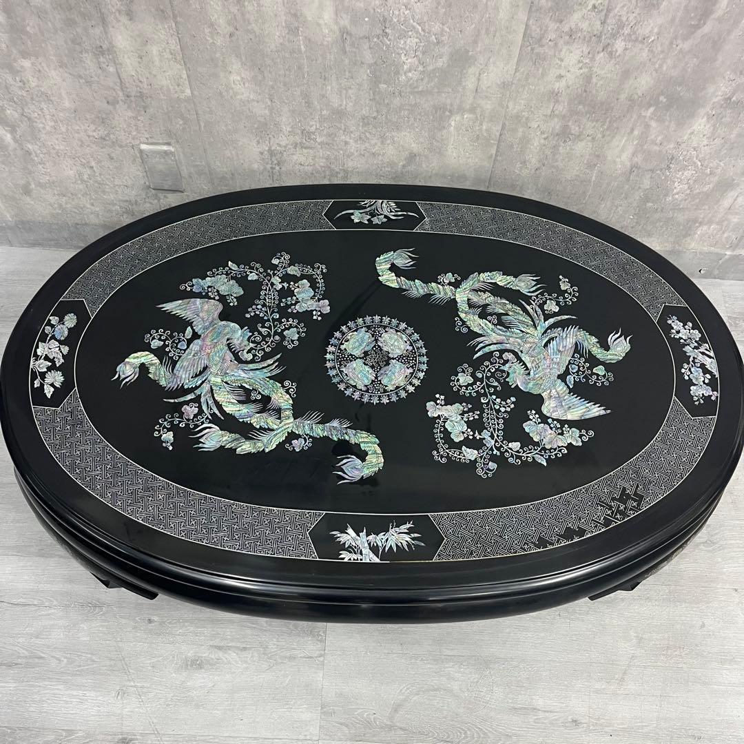 こうね　螺鈿細工 ガラス天板付き 座卓 テーブル 鳳凰 黒漆