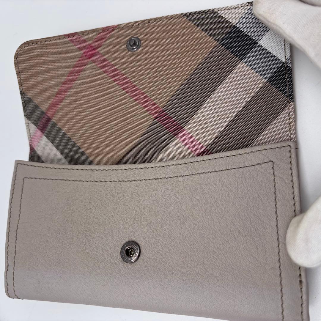 美品 バーバリー レザー長財布 グレージュ ノバチェック 二つ折り 箱付