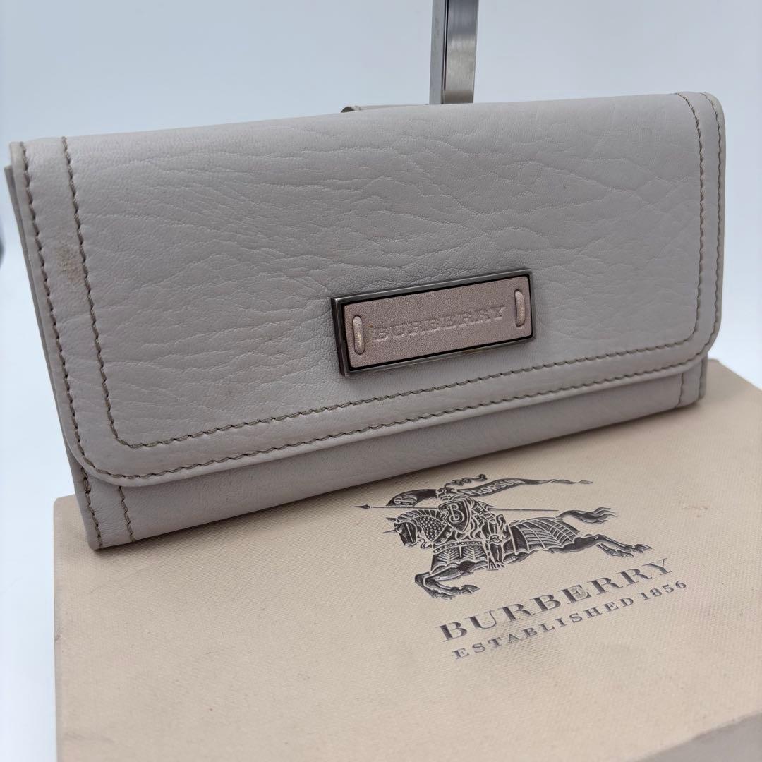 美品 バーバリー レザー長財布 グレージュ ノバチェック 二つ折り 箱付