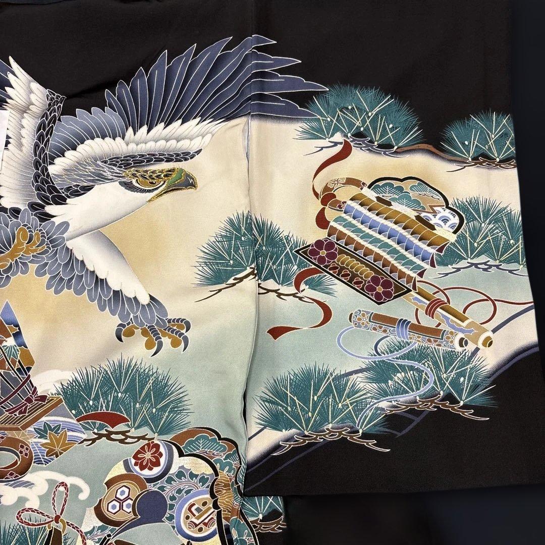 新品正絹産着祝着☆京都本格豪華友禅、金彩、刺繍仕様、特選大鷹と祝古典大王松道具文