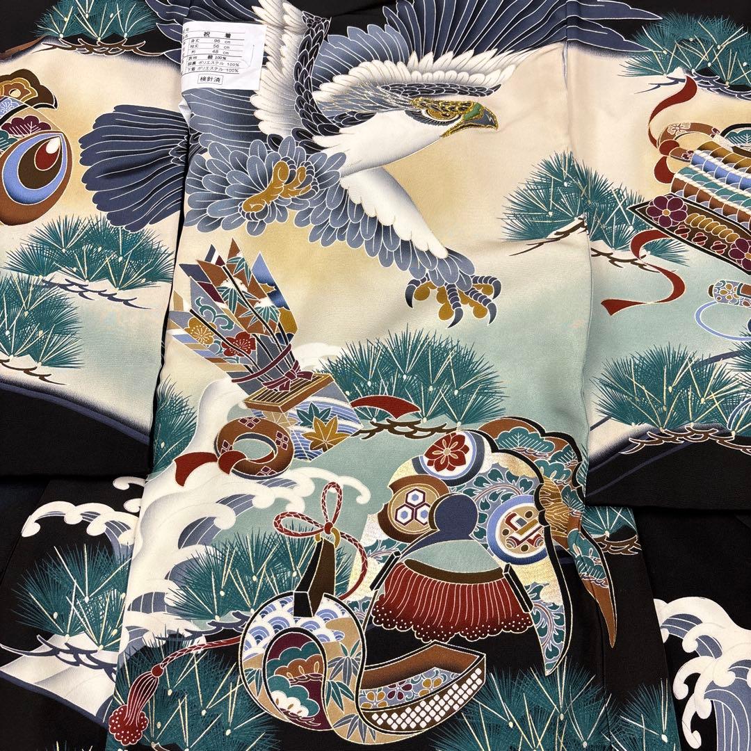 新品正絹産着祝着☆京都本格豪華友禅、金彩、刺繍仕様、特選大鷹と祝古典大王松道具文