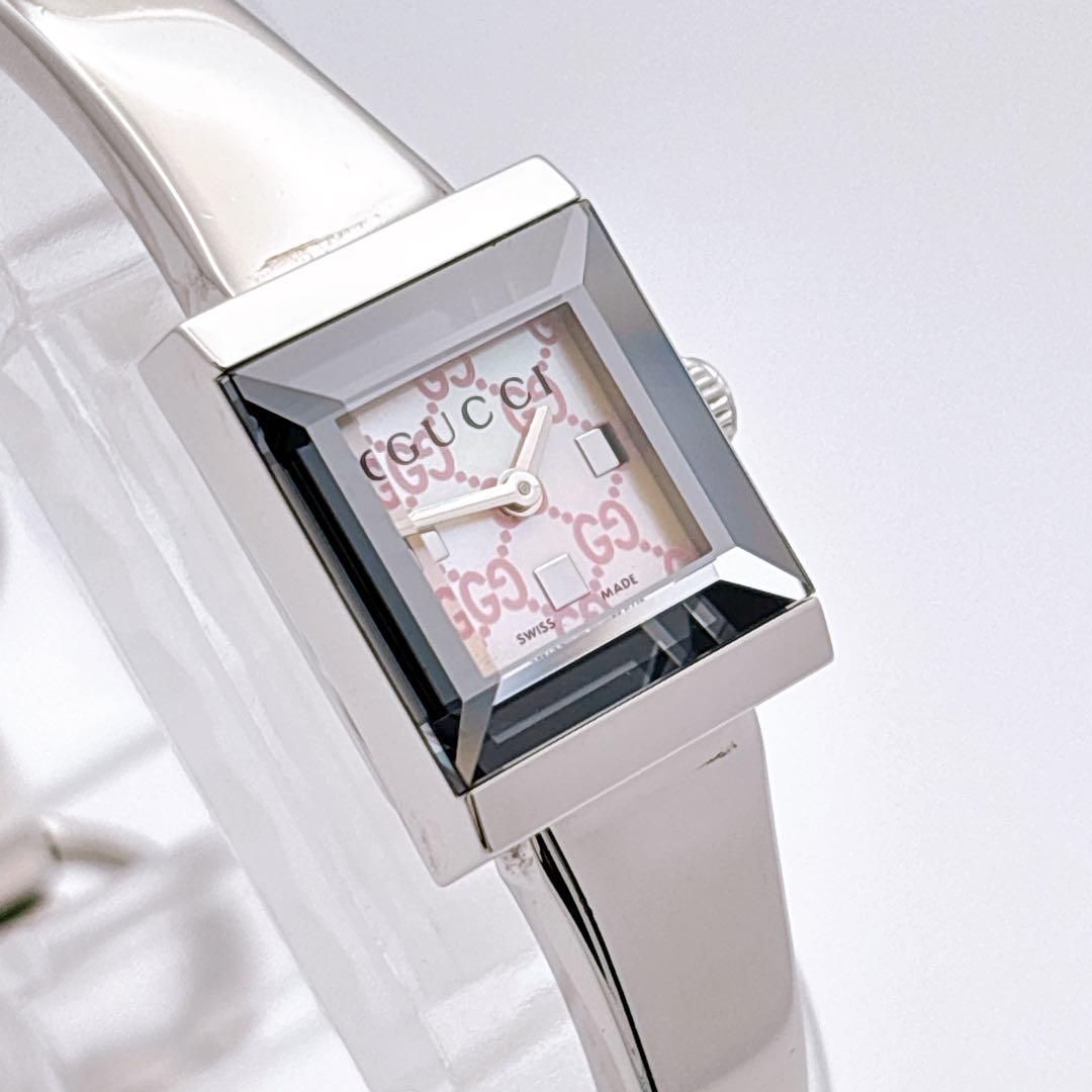【美品・電池新品】GUCCI 128.5 GG ピンク シェル スクエア 腕時計