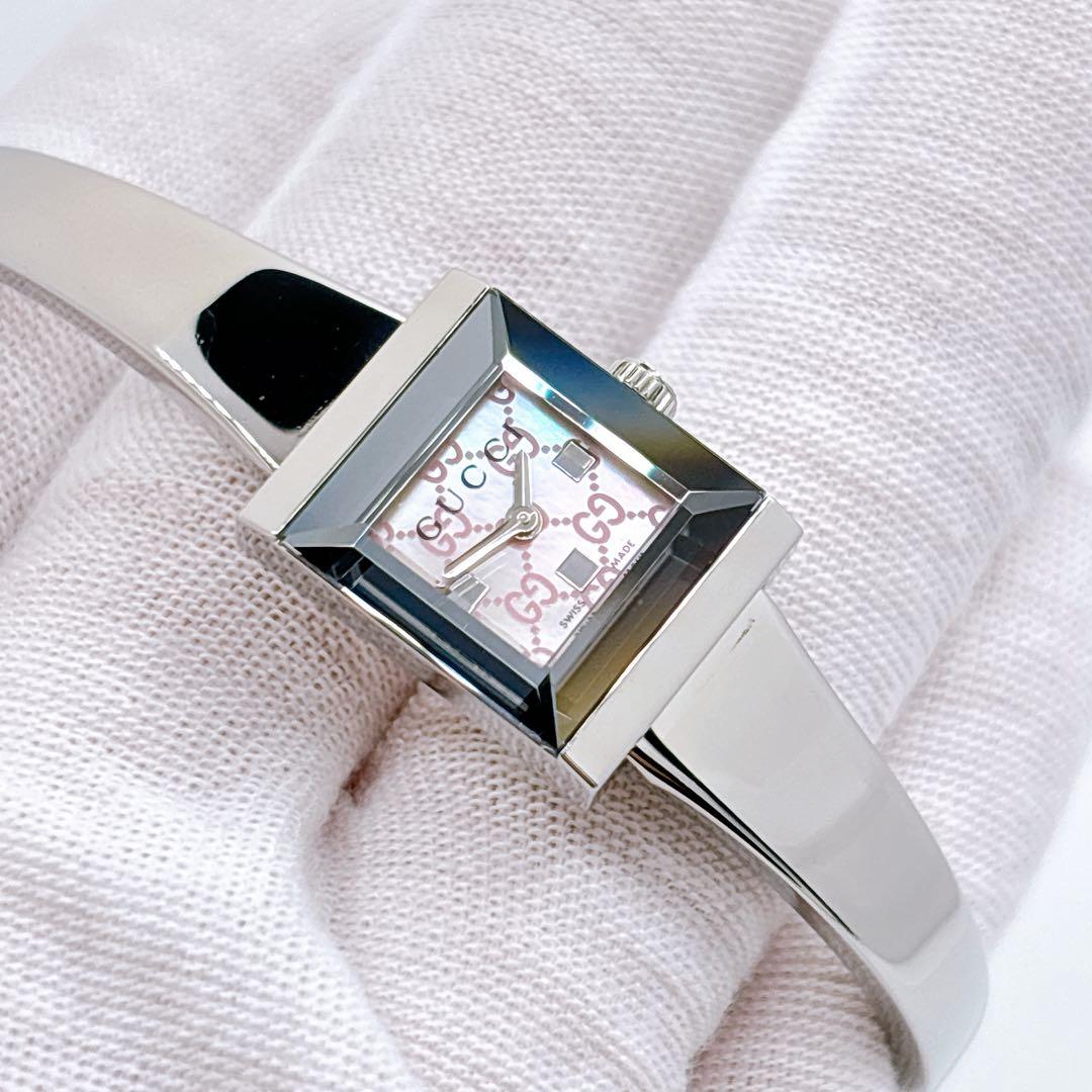 【美品・電池新品】GUCCI 128.5 GG ピンク シェル スクエア 腕時計
