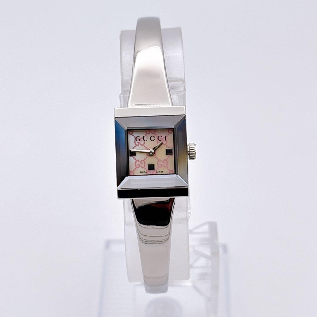 【美品・電池新品】GUCCI 128.5 GG ピンク シェル スクエア 腕時計