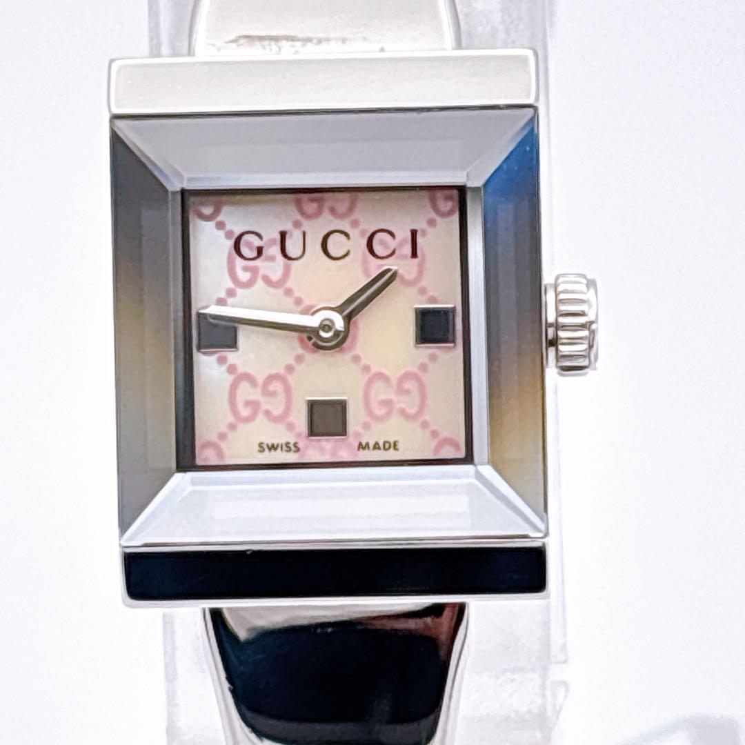 【美品・電池新品】GUCCI 128.5 GG ピンク シェル スクエア 腕時計