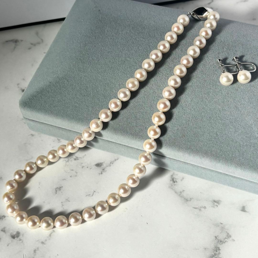 干渉色◎✨大珠8.5mm あこやパールネックレス オールノット仕上　イヤリング付