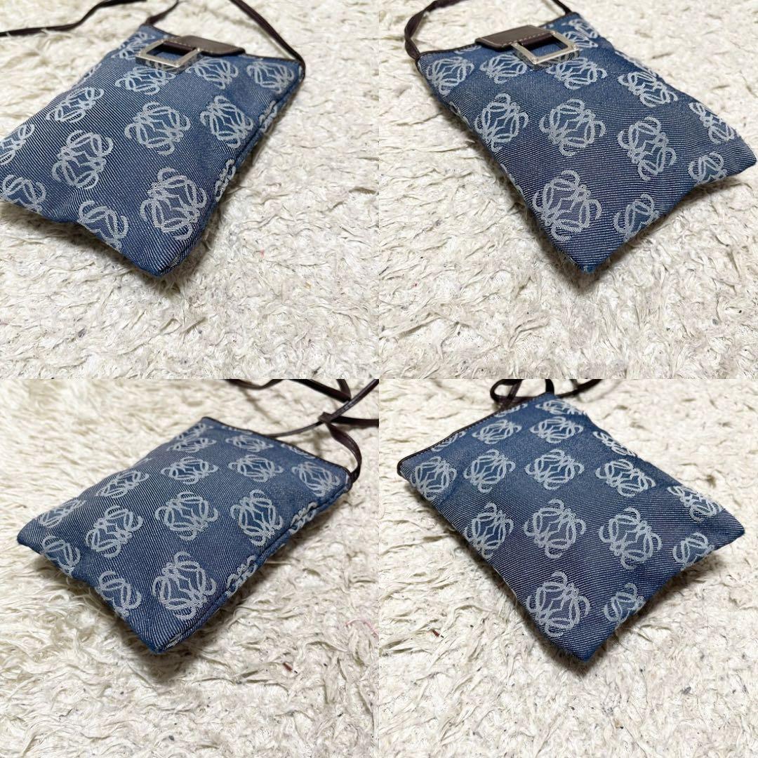 ロエベ　ショルダーバッグ　リピート　アナグラム　デニムキャンバス　レザー　青　茶